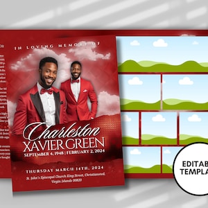 Könnte beinhalten: Ein roter und weißer Gedenkflyer mit einem Foto von zwei Männern in roten Anzügen. Der Flyer enthält den Text "In liebevoller Erinnerung an Charleston Xavier Green" und die Daten "4. September 1948 | 2. Februar 2024".
