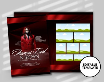 May include: A red and black funeral program template with a photo of a man in a red suit. The text reads "Thomas Earl R Brown, May 14, 1984 - March 1, 2024". The program also includes the date and location of the funeral service. The template is editable.