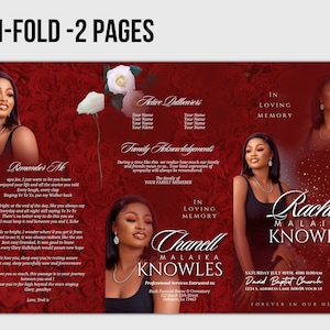 17&quot;x11&quot; FUNERAL OBITUARY TEMPLATE (2 pages) |Elegant Style Funeral Program | Celebration of Life |Women Red Rose Obituary |Canva Template