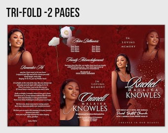 May include: A tri-fold funeral program with a red background and white roses. The program features a photo of a woman and includes the text "In Loving Memory" and "Rachel Malaika Knowles".