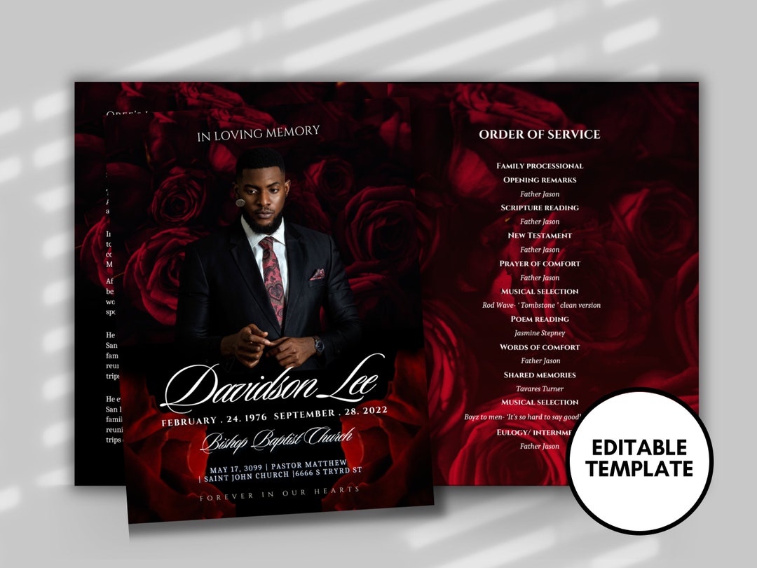 Red Rose Funeral Program Template: Celebration of Life (digital ...