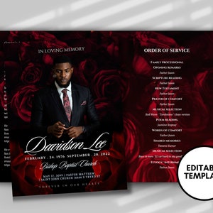 8.5&quot;x11&quot; BOOKLET Memorial program (4 pages) |RED ROSE Style Funeral Program |Celebration of Life |Keepsake |Digital Download |Canva Template