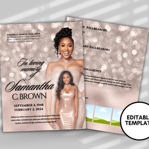 May include: A funeral announcement template with a photo of a woman in a gold dress. The text reads "In loving memory of Samantha C. Brown, September 4, 1948 - February 2, 2024". The announcement also includes the date, time, and location of the funeral service.
