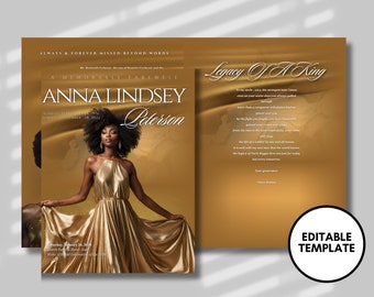Gold Funeral Program Template: Women's Obituary, Celebration of Life (Canva, 8.5"x11")