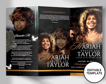 May include: A black and gold funeral program template with a photo of Mariah Yvette Lee Taylor. The program includes the dates February 24, 1976 - September 28, 2022, January 28, 2023, and March funeral. The text "Remember Me" and a poem are included on the left side of the program.