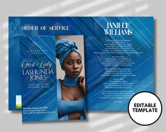 8.5"x 11"Women's Blue Obituary Template(8 pages)Blue women's Style Funeral Program | Celebration of Life |Women Obituary|Canva Template