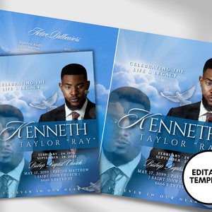 8.5&quot;x11&quot; BOOKLET Memorial program (8 pages) | Blue Cloud Funeral Program |Celebration of Life |Keepsake |Digital Download |Canva Template