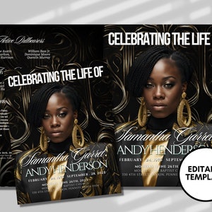 vip 8.5x11 BOOKLET Memorial program (8 pages) | Black & Gold Funeral Program |Celebration of Life |Keepsake |Digital Download |Canva