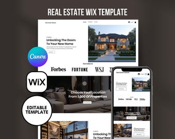 May include: A real estate website template with a modern design. The image showcases a website layout on a computer screen and a smartphone. The template is compatible with Canva and Wix, and is an editable template. The text reads "Unlocking The Doors To Your New Home".