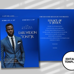8.5&quot;x 11&quot;Light Metallic Blue Obituary Template (8 pages) Men&#39;s Blue Style Funeral Program | Celebration of Life | Obituary|Canva Template