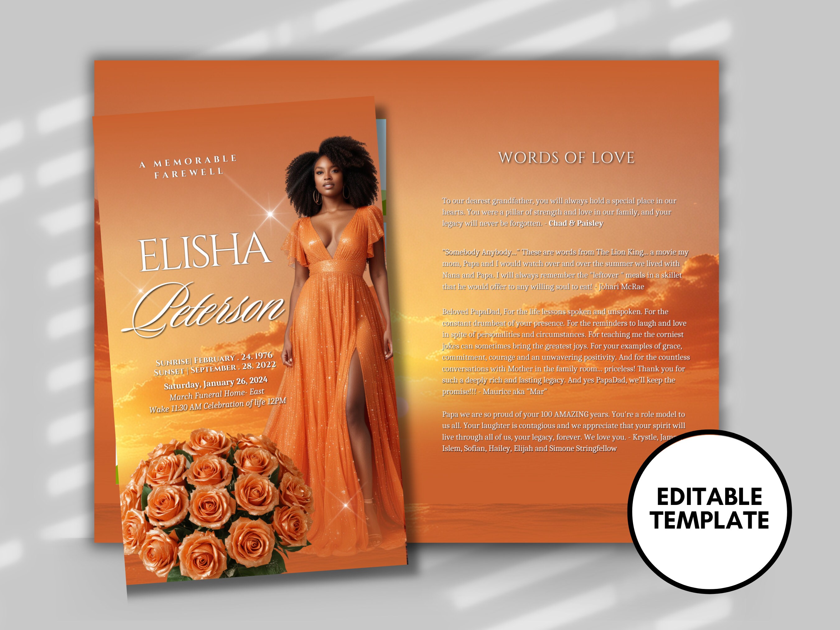 Orange Glitter Funeral Program Template: 8-page DIY Booklet - Etsy Israel, image size:2700x2025