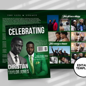 Green Vogue Funeral Program Template: Men&#39;s Style Celebration of Life (Digital Download)