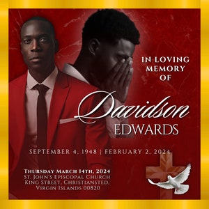 May include: A red and gold memorial card with a white dove and cross. The card reads "In Loving Memory of Davidson EDWARDS September 4, 1948 | February 2, 2024  THURSDAY MARCH 14TH, 2024 ST. JOHN'S EPISCOPAL CHURCH KING STREET, CHRISTIANSTED, VIRGIN ISLANDS 00820"