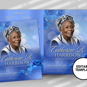 May include: Blue and white funeral program template with a photo of a woman and the text "Catherine R. Harrison, August 13, 1935 - November 8, 2021". The program includes the date and time of the funeral service and viewing.