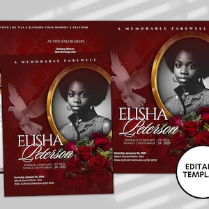 8.5&quot;x 11&quot; Maroon bouquet Obituary Template (8 pages)Red Style Funeral Program |Celebration of Life |Women gold Rose Obituary |Canva Template