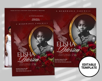 May include: A red and gold funeral announcement template with a photo of a woman and the text "Elisha Peterson" and "A Memorable Farewell".