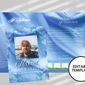 Blue Flowers Funeral Program Template: Celebration of Life (Digital Download)