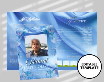 8.5"x11" BOOKLET Memorial program (4 pages) | Blue Flowers Funeral Program |Celebration of Life |Keepsake |Digital Download |Canva Template