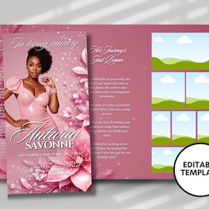 Op de afbeelding: Een roze en witte bloemenherdenkingskaart met een foto van een vrouw in een roze jurk. De tekst "In liefdevolle herinnering" en "Haar reis is net begonnen" staat op de kaart. De kaart is een bewerkbare sjabloon.