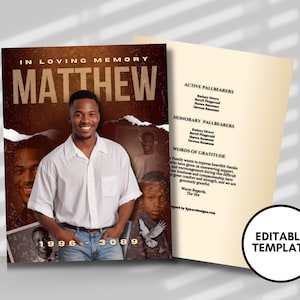 May include: A brown and white memorial card featuring a photograph of a man wearing a white shirt and blue jeans. The text "IN LOVING MEMORY MATTHEW 1996-3089" is printed on the card. The card also includes a list of active and honorary pallbearers and a section for words of gratitude.