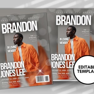 May include: A black and white memorial template with a photo of a man in an orange shirt. The template has the text "Forever in our hearts" and "Brandon Jones Lee" with the dates "January 12, 1988 - July 11, 5068". The template also includes the text "In loving memory" and "Editable Template".
