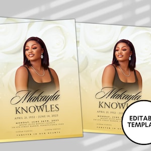 8.5&quot;x 11&quot; YELLOW Funeral Template (4 pages)  WHITE Style Funeral Program | Celebration of Life |Women CREAM Rose Obituary |Canva Template