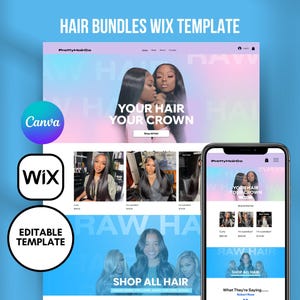 May include: A Wix website template for a hair extensions business. The template features a pink and blue color scheme with the text "Your Hair Your Crown" and "Shop All Hair".