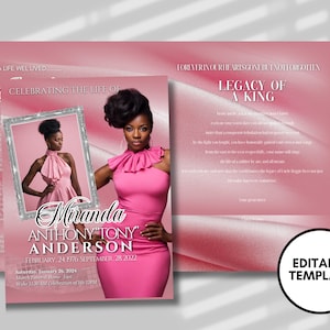 8.5&quot;x 11&quot;Silky Pink Obituary Template (8 pages) Women&#39;s Pink Style Funeral Program | Celebration of Life | Obituary|Canva Template