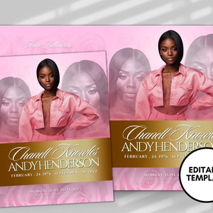 May include: A pink and gold funeral program template with a photo of a woman in a pink jacket. The text reads "Chanell Knowles Andy Henderson" and "February 24, 1976 - September 28, 2022". The template is editable.