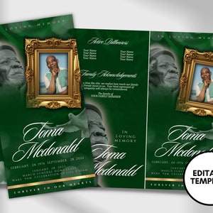 17&quot;x11&quot; FUNERAL OBITUARY TEMPLATE (2 pages) |Elegant Style Funeral Program | Celebration of Life |Unisex green Obituary |Canva Template