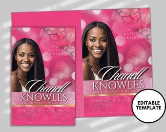 Può includere: Modello di annuncio funebre rosa e bianco con una foto di una donna e farfalle. Il testo recita "In memoria affettuosa, Chanell Knowles, 21 aprile 1932 - 14 giugno 2021".