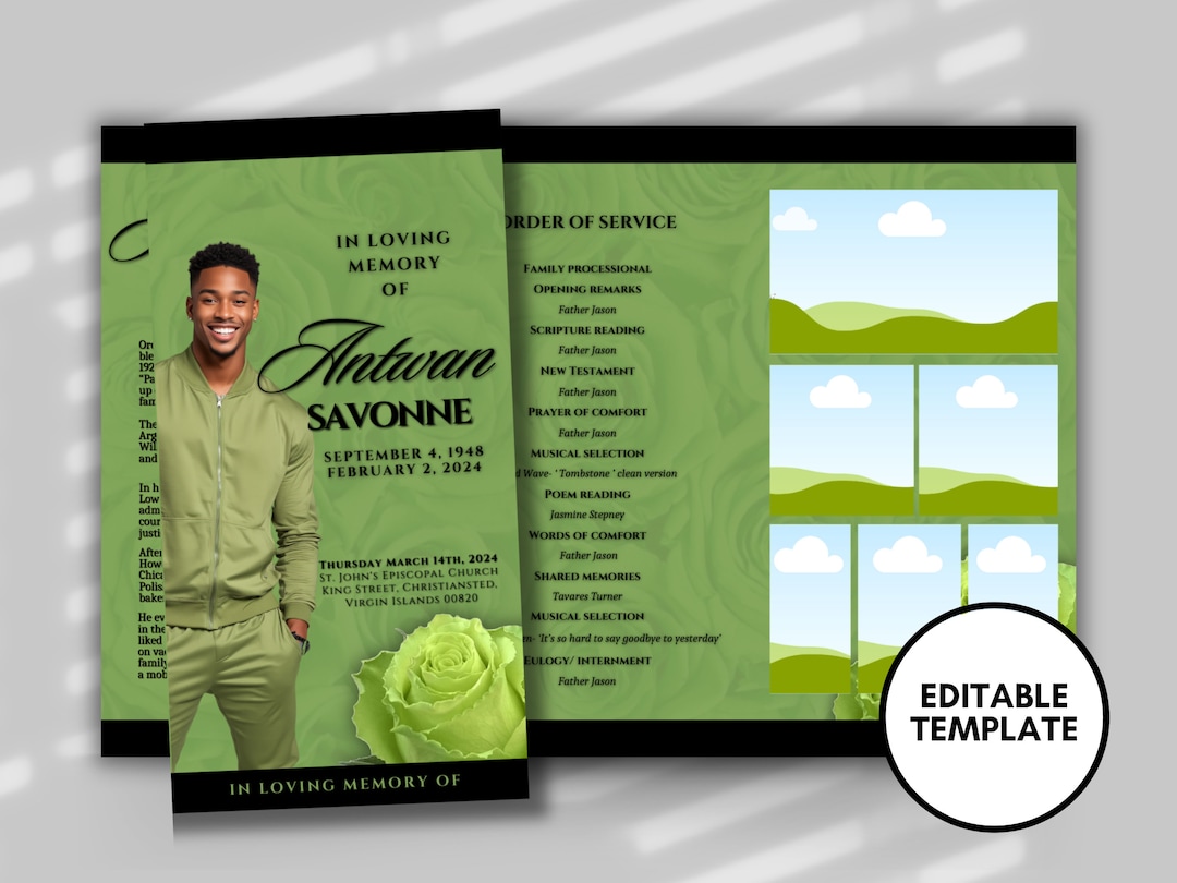 Funeral Programs 17x11 Editable Template TRIFOLD Bright Mens Lime Green ...
