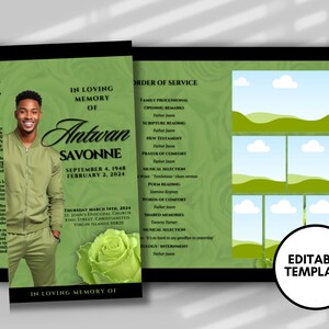 LARGE TRIFOLD Funeral programs 17x11 editable template Mens lime green In loving memory funeral brochure printing DIY Funeral canva template