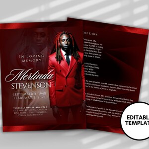 Red Funeral Program Template: Men&#39;s In Loving Memory Brochure (8.5x11) (DIY Canva)