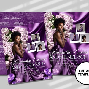 May include: Purple and white funeral announcement with a photo of a woman in a purple dress. The announcement includes the name Samantha Garrel Andy Henderson, the dates February 24, 1976 - September 28, 2022, and the date and time of the funeral service. The announcement also includes the text "Editable Template".