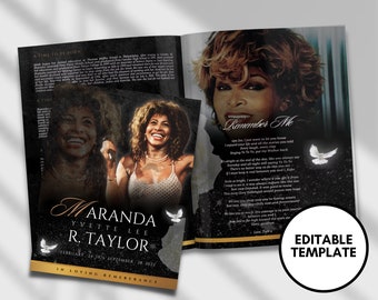 Funeral Memorial Booklet (8 pages) |Elegant Style Funeral Program | In Loving Memory  |Women Black gold Program |Canva Template