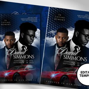 May include: A blue and white memorial card with a photo of two men in suits. The card reads "In Loving Memory" and "David Simmons" with dates of birth and death. The card also features a red sports car and the text "Forever in Our Hearts".