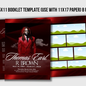 Men&#39;s Red Funeral Program Template: 8-Page Memorial Booklet (8.5x11, Editable Canva)