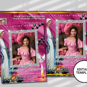Modèle de notice nécrologique catholique rose 8,5 x 11 po (4 pages) Programme de funérailles de style catholique | Célébration de la vie | Nécrologie catholique|Modèle toile