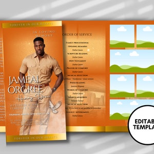 Puede incluir: Plantilla de programa de funeral naranja y dorado con una foto de un hombre con camisa y pantalones caqui. El texto dice "Forever in Our Hearts" y "In Loving Memory" con el nombre "Jameal Orgree" y las fechas "September 4, 1984 - February 2, 2021". El programa incluye un orden de servicio con la fecha y hora del funeral.