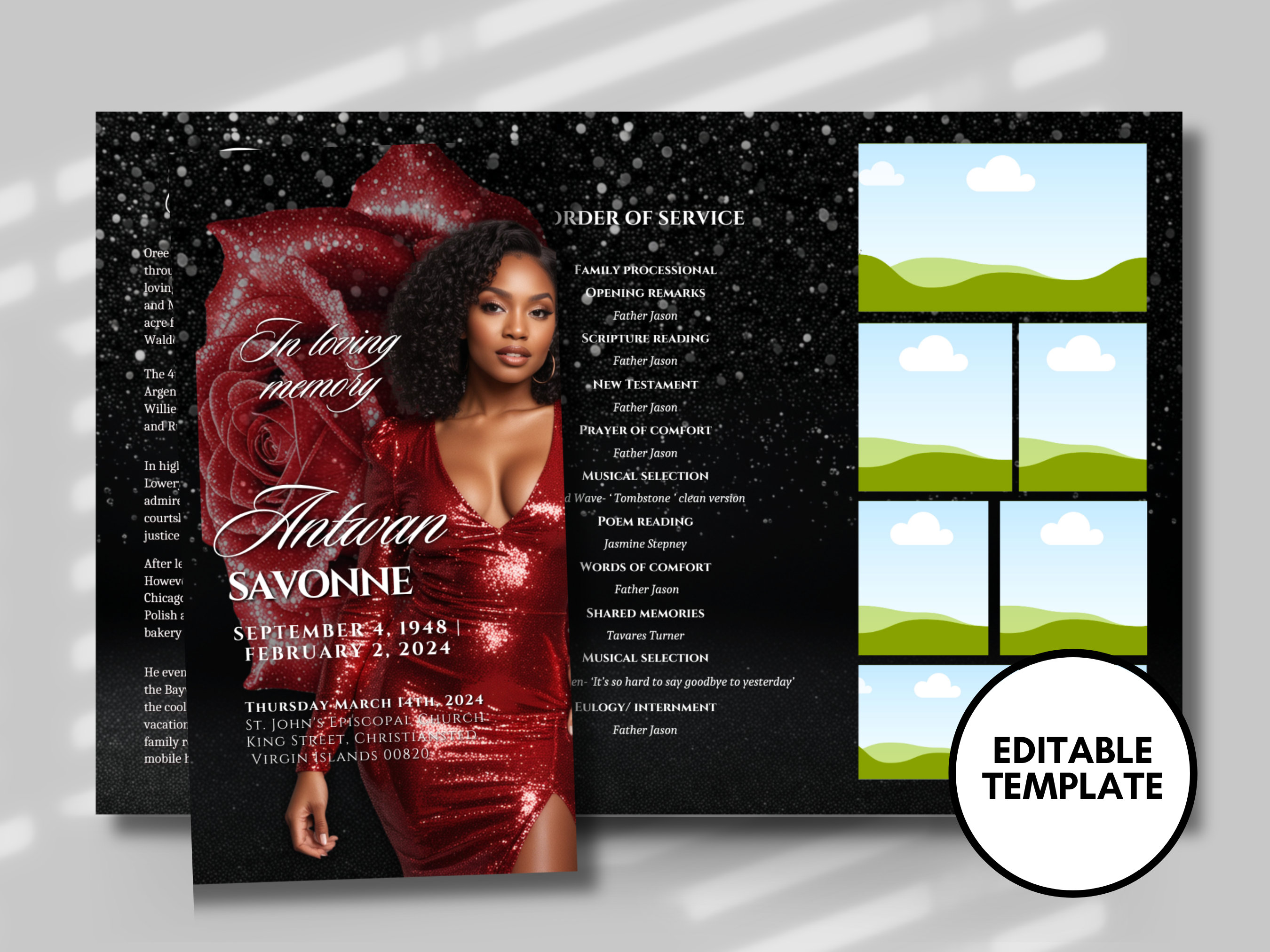 Black & Red Funeral Program Template: Trifold Memorial Booklet (17x11 ...