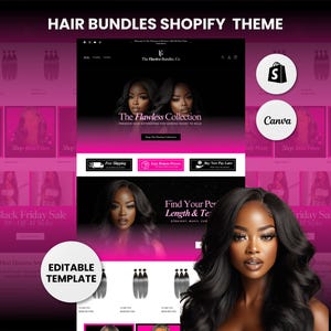 May include: A pink and black Shopify theme for a hair extensions business. The theme features a large image of a woman with long black hair, and the text "The Flawless Collection" and "Find Your Perfect Length & Texture".