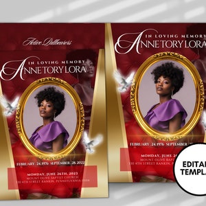 8.5&quot;X11&quot; BOOKLET Memorial program (8 pages)| RED Luxury Funeral Program |Celebration of Life |Keepsake |Digital Download |Canva Template