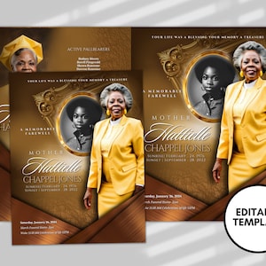 Könnte beinhalten: Eine braune und goldene Trauerprogrammvorlage mit einem Foto einer Frau im gelben Anzug. Der Text lautet "Ein unvergesslicher Abschied" und "Mutter Hattielle Chappel Jones".