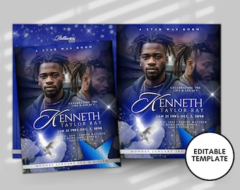 Blue Bling Funeral Program Template: Celebration of Life Keepsake (Digital Download)