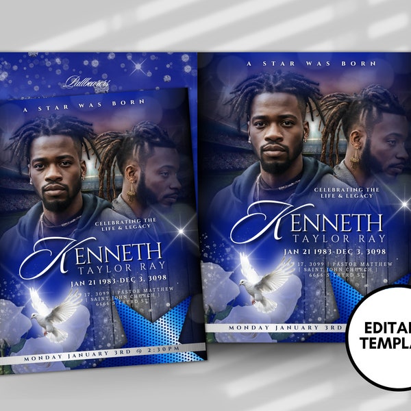 8 PAGE 8.5"x11" BOOKLET Memorial program| Blue Bling Funeral Program |Celebration of Life |Keepsake |Digital Download |Canva Template