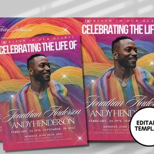 Könnte beinhalten: Eine Bekanntmachung für einen Trauergottesdienst für Jonathan Anderson, auch bekannt als Andy Henderson. Die Bekanntmachung zeigt einen Regenbogenhintergrund mit einem Foto des Verstorbenen. Der Text enthält die Daten 24. Februar 1976 und 28. September 2022 sowie den Ort des Gottesdienstes: Mount Olive Baptist Church, 330 4th Street Rankin, Pennsylvania 15104.