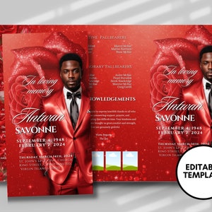 Red Glitter Funeral Program Template: Men&#39;s Trifold Brochure (DIY Printable)