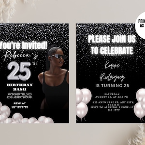 Digital Black and Silver Birthday Party Invitation, Birthday Video Invitation, E Invite, Silver Glitter, Editable Template, Any Age