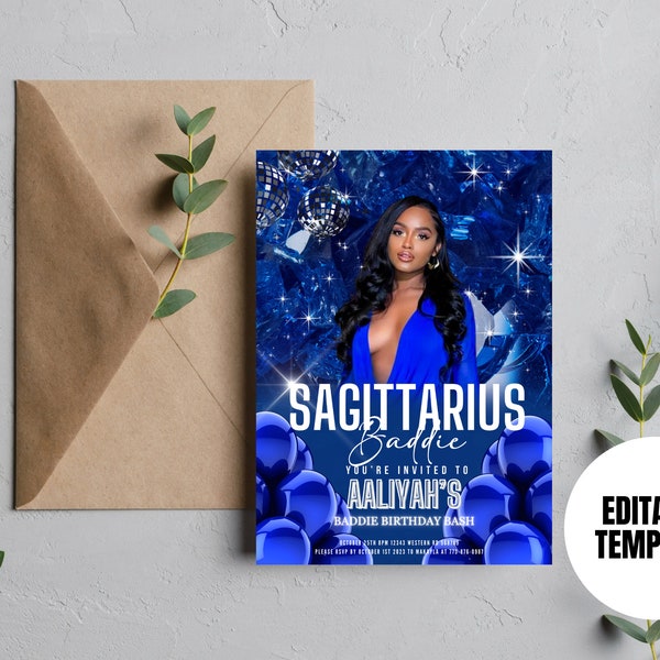 Sagittarius Zodiac Birthday Digital Invitation, Editable Party Invite, Blue Sagittarius Season, invite, Editable Template, Instant Download